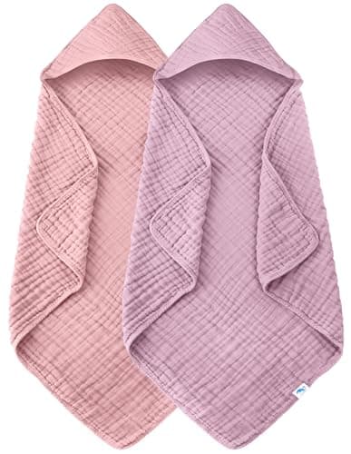 SWEET DOLPHIN Muslin Hooded Baby Bath Towels - 2 Pack 100% Cotton Towel for Babies, Infants, Toddlers - 32x32Inch - Highly Absorbent and Newborn Essential, Light Sakura - Image 1