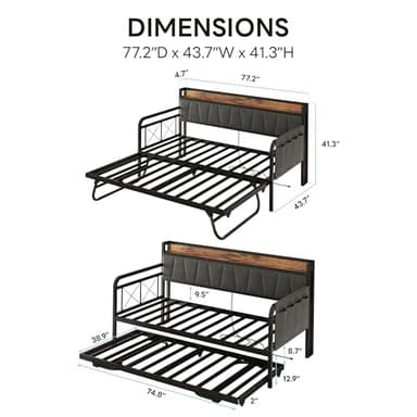 LIKIMIO Daybed with Trundle Bed, Twin Bed Frame with Storage Headboard and Charging Station, Sofa Day Bed with Strong Supports for Living Room, Bedroom, and Guest Room, Grey - Image 3