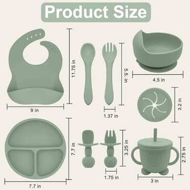 Munlinder Silicone Baby Feeding Set | Baby Led Weaning Supplies Includes Suction Bowls and Divided Plates, Adjustable Bib, Baby Utensils Spoons and Forks,Cup | Baby Feeding Essentials (Light Green) - Image 6