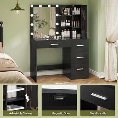 usikey Makeup Vanity with Lights, Vanity Desk with Mirror and 10 LED Lights, Vanity Table Set with 4 Drawers, Cabinet & 4 Necklace Hooks, Dressing Table for Bedroom, White - Image 5