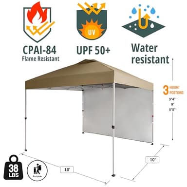 CROWN SHADES 10x10 Pop Up Canopy with 1 Side Wall - Beach Tent with One Push Setup - Outdoor Sun Shade for Events, Parties, Camping - Gazebo with STO-N-Go Cover Bag (Beige) - Image 5