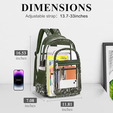 KIMNERPU Clear Backpack, Heavy Duty PVC Transparent Backpack with Reinforced Straps, See Through Multiple Pockets Large Capacity Bookbag for Concert Work Security Travel Festival (Camouflage) - Image 2