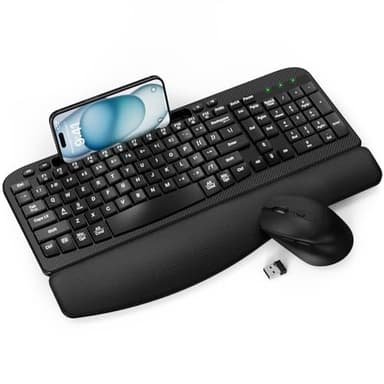 Wireless Keyboard and Mouse Combo, Wave Keys Full-Sized Ergonomic Keyboard with Cushioned Plam Rest, Phone Holder, Comfortable Natural Typing, 2.4G Cordless Set for Computer, Laptop, PC, Mac, Windows - Image 1