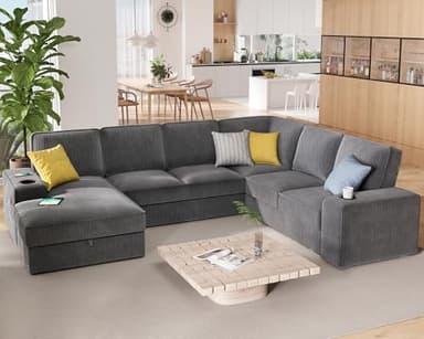 PaPaJet U Shaped Couch, 112 Inch Oversized Couch with Storage Chaise, Sectional Sofa with Cup Holders & 2 USB Ports, Corduroy Grey Sofa - Image 7