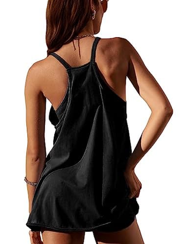 Lentta Womens Athletic Sleeveless Mini Dress with Built-in Shorts V Neck Spaghetti Strap Sundress(Black-L) - Image 2