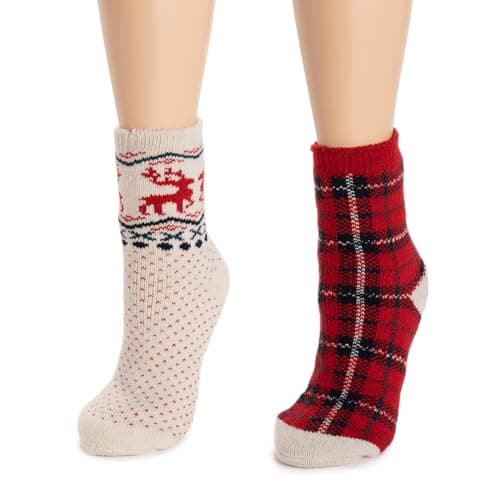 MUK LUKS Women's 2 Pair Pack Heat Retainer Crew Socks, Red/Ivory, One Size Fits Most (6-11) - Image 1
