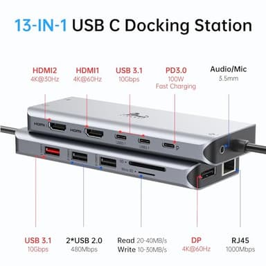LIONWEI Laptop Docking Station 13 in 1 - Dual HDMI+DisplayPort+10Gbps, 6 USB C/A, 100W PD, Ethernet, SD/TF, Audio, USB C Hub for MacBook/Dell/HP/Surface - Image 2