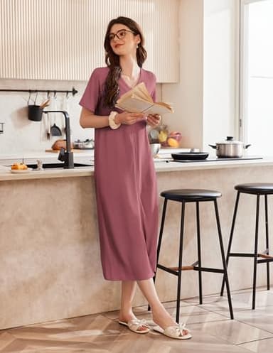 Ekouaer Zip Up Robe for Women Long Housecoat Waffle Knit Bathrobes Cozy Full Length Nightgown with Pockets(Gray Purple, 3X-Large) - Image 2