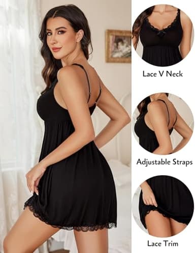 Avidlove Sexy Sleepwear Lace Chemise Lingerie V Neck Nightgown Full Slip Nighties Babydoll Nightwear Pure Black Large - Image 2