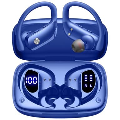 bmani Ear Buds Wireless Earbuds Bluetooth Headphones with 80H Playtime LED Display Case, Over-Ear Hook with Mic, Stereo Sound, Easy Button Controls, Sports Earphones for Running Workout Gym Blue - Image 1