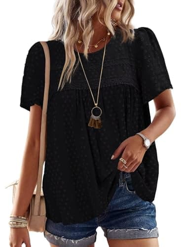 Falechay Spring Womens Tops Dressy Casual Crewneck Womens Lace Crochet Tunic Tops Short Sleeve Short Sleeve Shirts Black Blouses for Women Plus Size XL - Image 1