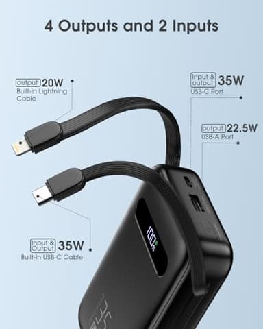 EnergyQC Power Bank, 20,000mAh 35W PD 3.0+QC 4.0 Fast Charging Portable Charger with Built-in Lightning & USB-C in&Out Cables, Battery Pack for iPhone 16/15/14 Series, Galaxy, iPad, AirPods, Black - Image 8