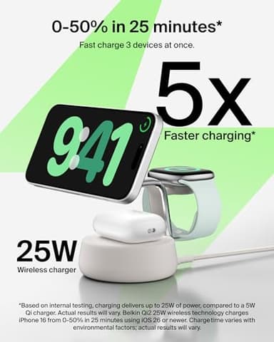 Belkin MagSafe Charger Compatible, 3-in-1 Charging Station, Qi2.2 25W w/Cooling Fan (On/Off Control) Magnetic Wireless Charger for iPhone 17, Apple Watch, AirPods, Pixel 10 (45W Adapter Included) - Image 2