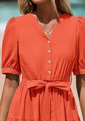 PRETTYGARDEN Summer Dresses for Women 2025 Elegant Classy Short Sleeve V Neck Ruffle A Line Belted Long Beach Vacation Dress (Orange,Large) - Image 5