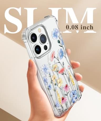 GVIEWIN for iPhone 14 Pro Case Floral, with Screen Protector+Camera Lens Protector,[Non Yellowing]Slim Shockproof Clear Phone Protective Cover for Women, Flower Pattern Design 6.1"(Aconite/Light Blue) - Image 6