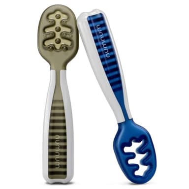 NumNum Baby Spoons Set, Baby Essentials Pre-Spoon GOOtensils for 6+ Months, First Stage Self-Feeding Spoons for Baby Led Weaning (BLW), Silicone Toddler Utensils, BPA-Free, 2 Pack Olive/Newbury Navy - Image 1