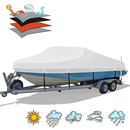 HAHASOLE Heavy Duty 1200D PU Waterproof Boat Cover, 16'- 18.5' Trailerable Marine Grade Polyester Canvas, Fits 16-18.5ft V-Hull, Bass Boat, Runabout, Ski, Fishing Boat with Tightening Strap