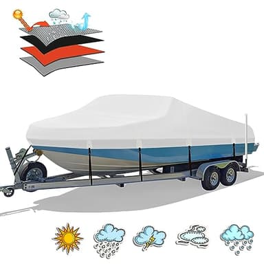 HAHASOLE Heavy Duty 1200D PU Waterproof Boat Cover, 16'- 18.5' Trailerable Marine Grade Polyester Canvas, Fits 16-18.5ft V-Hull, Bass Boat, Runabout, Ski, Fishing Boat with Tightening Strap
