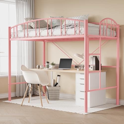 GarveeHome Loft Bed Twin Size, Heavy Duty Metal Loft Bed Frame with Arched Guardrail and Safety Ladder, Space-Saving, No Box Spring Needed, Pink - Image 1