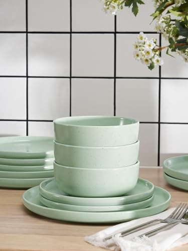 Famiware Dawn Plates and Bowls Sets, 12 Pieces Stoneware Dinnerware Sets, Dishes Set for 4, Microwave and Dishwasher Safe, Light Green - Image 4