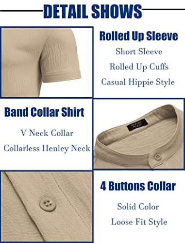 COOFANDY Men Summer Henley Shirts Button Vacation Shirt Collarless Casual T-Shirt Khaki - Image 5