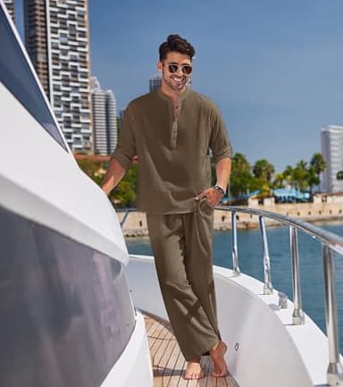 COOFANDY Men's 2 Pieces Cotton Linen Set Long Sleeve Henley Shirts Casual Beach Pants With Pockets Summer Yoga Outfits - Image 2