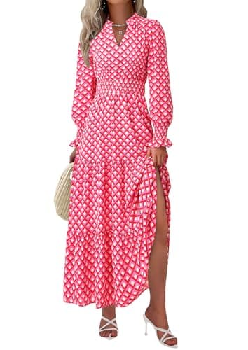 PRETTYGARDEN Women's Floral Maxi Dress 2025 Fall Long Sleeve V Neck Casual A Line Long Flowy Boho Party Dresses (Plaid Pink,Small) - Image 1