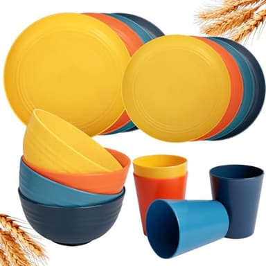 Rubtlamp Wheat Straw Dinnerware Set, 16Pcs Unbreakable Plates And Bowls Sets of 4, Plastic Plates Set Reusable (Four Colors) Include Dinner Platos, Dessert Platos, Cereal Bowls, Cups for Daily - Image 1