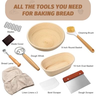 Sourdough Proofing Basket Gift Set, 9" Round and 10" Oval Banneton Bread Baking Supplies, Sourdough Baskets with Bread Lame, Danish Whish, Bowl Scraper, Sourdough Scraper, and Linen Liners - Image 5