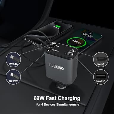 Flexino Retractable Car Charger for iPhone 16, 69W Fast Charging Car Charger USB C, Car Chargers with 2 Retractable Cords 2.6ft, Car Adapter for iPhone 16/15/14/13/12 Series, Galaxy, Grey - Image 2