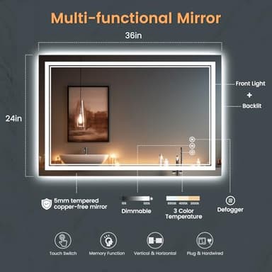 SOGOLINE 24x36 Inch Bathroom Mirror with Lights, CRI 90+, 3 Colors, Dimmable, Top Tempered Glass with Silver Back & Acrylic Side, Anti-Fog, Rotatable LED Mirror for Bathroom, Memory Function - Image 4
