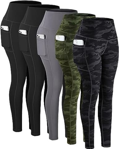 CHRLEISURE Leggings with Pockets for Women, High Waisted Tummy Control Workout Yoga Pants(5 Packs, 2Black,Gray,Camo, L) - Image 1