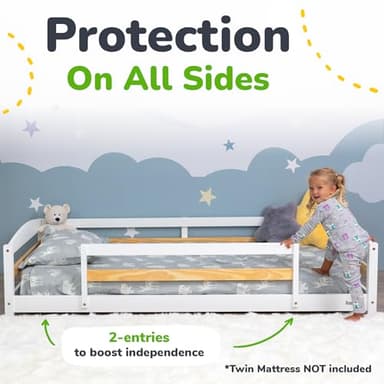 Ocodile Twin Floor Bed with Safety Guardrails for Kids, Montessori Inspired with Rails and 2 Openings, Twin Size Bed Frame for Girls and Boys - White - Image 4