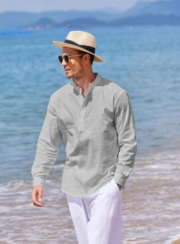 COOFANDY Men's Cotton Linen Henley T-Shirts Long Sleeve Hippie Casual Beach T-Shirts Gray - Image 3