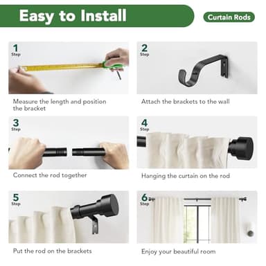 Curtain Rods for Windows 66 to 120, 1 Inch Adjustable Black Curtain Rod, Heavy Duty Long Window Drapery Rods with End Caps, Modern Style Indoor Outdoor Curtain Rods for Patio Bedroom, Size 32"-120" - Image 7