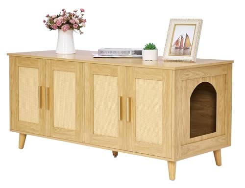Homhedy Boho Cat Litter Box Enclosure for 2 Cats, Wooden Cat Washroom Furniture with Double Rattan Decorated Doors, Pet House,47.2”L x 19.7”W x 21.7”H, Natural - Image 1
