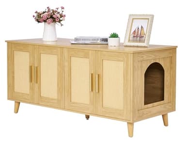 Homhedy Boho Cat Litter Box Enclosure for 2 Cats, Wooden Cat Washroom Furniture with Double Rattan Decorated Doors, Pet House,47.2”L x 19.7”W x 21.7”H, Natural - Image 1