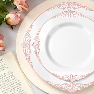 Bestluck 350PCS Rose Gold Plastic Plates for 50 Guests, Disposable Dinnerware Sets Include 100 Rose Gold Rim Plastic Plates, 50 Silverware and Cups, 50 Pre Rolled Napkins for Party, and Graduation - Image 3
