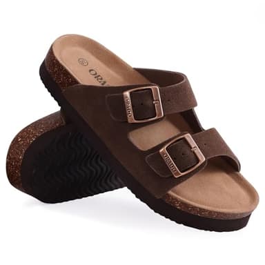 ORADO Platform Suede Sandals for Women Soft Cork Footbed Summer Slides with Adjustable Buckle, Brown 39 (size 8-8.5) - Image 3