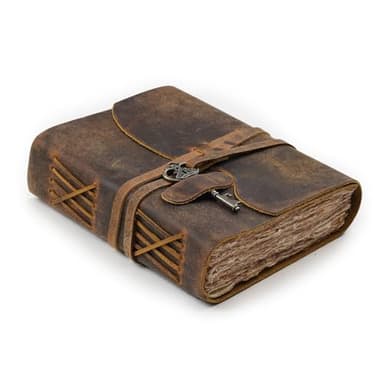 LEATHER VILLAGE Vintage Leather Journal – 200 Handmade Vintage Deckle Edge Paper – Leather bound Journal For Women Men – Vintage Key Closure - Book of Shadows - Cappuccino Brown - 13X8 inches - Image 1