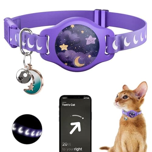 Cat Collar with Airtag Holder, Breakaway Airtag Cat Collar for Apple Air Tag with Luminous & Reflective Pattern, Waterproof GPS Cat Tracker Collars for Boy Girl Cats Kittens with Bell, Purple (8-12") - Image 1