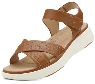 UBFEN Womens Platform Sandals Comfortable Lightweight Walking Ankle Strap Casual Low Wedge Sandals Ab Brown Women US 9 - Image 1