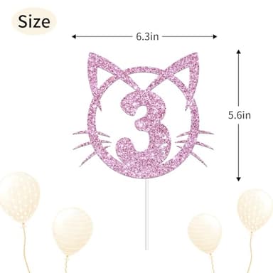 YHEZXUN Cat 3 Cake Topper, 3rd Birthday Cake Decoration, Pet Cat Kitty Theme Three Years Old Cake Topper Pink Glitter Cute Party Supplies - Image 2