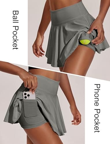 PINSPARK Women's High Waisted Tennis Skirts Pleated Golf Skorts with Shorts Pockets Tummy Control Skater Skirt Grey Sage S - Image 2