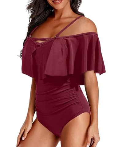 Holipick Wine Red Women Strapless One Piece Swimsuits Tummy Control Bathing Suit Ruffle Off Shoulder Swimwear with Sleeves Small - Image 3