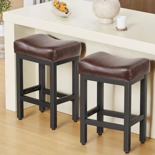 Raynesys Counter Height Bar Stools Set of 2, 24 Inch Barstools for Kitchen Island Counter, Bonded Leather Kitchen Stools with Thick Saddle Seats & Heavy Duty Metal Base, Easy Assembly, Brown/Black - Image 1