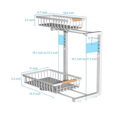 Merrylun Under Sink Organizers,5 Adjustable Height，Metal Pull Out and Storage Shelves with Sliding Drawer for Kitchen, Bathroom, White, 2 Pack（Hight 13.6″-16.9″） - Image 7