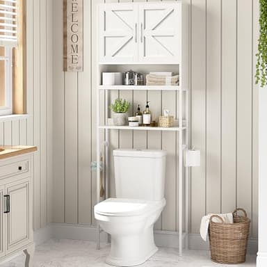 MEUIS Over The Toilet Storage Cabinet - Farmhouse Bathroom Shelves with Doors Freestanding Organizer Narrow Floor Stand Shelf Above Toilet 71" Tall, Distressed White - Image 8
