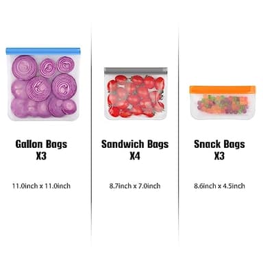 Lerine 10 Pack Dishwasher Safe Reusable Bags, Leakproof Reusable Freezer Bags, BPA Free Food Storage Bags for Marinate Food Travel - 3 Gallon 4 Sandwich 3 Snack - Image 7