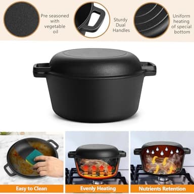 P&P CHEF 5Qt Dutch Oven Pot for Bread Baking (Black), 2 In 1 Round Cast Iron Dutch Oven with Lid Set, Skillet & Pot for Roasting Braising Stewing Frying Simmering, Multi Stoves & Oven Safe - Image 4